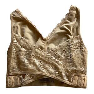 CaraMia Lace Front Cross Bra Women Large‎ Beige Floral Trim Adjustable Straps